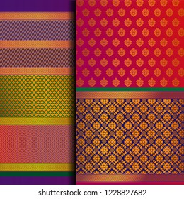 Indian Pattu Sari Vector pattern set. Traditional handmade Indian silk sari /saree with golden details, woman wear on festival, ceremony, and weddings. Gold thread sari also known as Kanjeevaram.