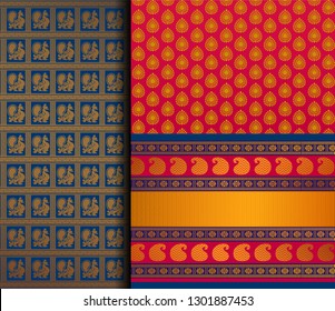 Indian Pattu Sari Vector pattern set. Traditional handmade Indian silk sari /saree with golden details, woman wear on festival, ceremony, and weddings