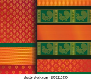 Indian Pattu Sari Vector pattern set. Traditional handmade Indian silk sari /saree with golden details, woman wear on festivals and weddings