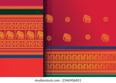 Indian Pattu Sari Vector pattern. Traditional handmade Indian silk sari with golden details, women wear during festivals, ceremonies, and weddings.