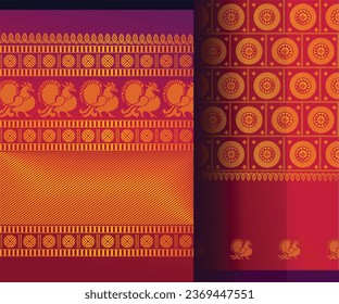 Indian Pattu Sari Vector pattern. Traditional handmade Indian silk saree with golden details, women wear during festivals, ceremonies, and weddings.