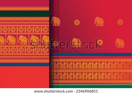 Indian Pattu Sari Vector pattern. Traditional handmade Indian silk sari with golden details, women wear during festivals, ceremonies, and weddings. Zdjęcia stock © 