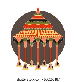 Indian pavillion of ancient, richly decorated with ornaments. Vector object on a round backdrop