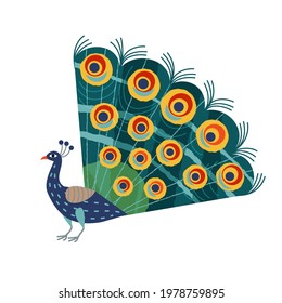 Indian peacock with decorative pattern on tail. Beautiful bird in vintage style vector illustration. Tourism in India travel symbol for flyer or poster on white background.