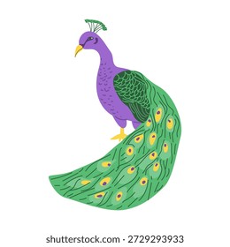 Indian peacock vector illustration isolated. Cartoon flat animal on transparent background. Peacock bird with feathers. Vector hand drawn clip art can used for embroidery, textile patterns, wallpapers