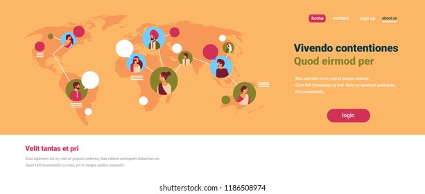 indian people avatar world map chat bubbles global communication teamwork connection concept hindu man woman faces portrait flat copy space horizontal banner vector illustration