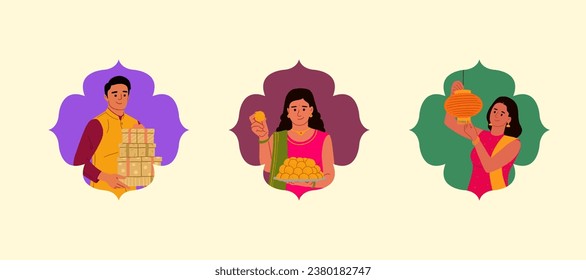 Indian people celebrate the Diwali festival with traditional Indian dressing vector illustrations for festive card design.