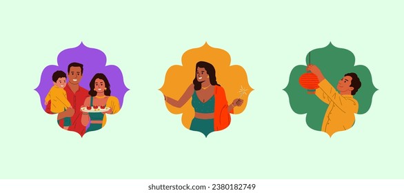 Indian people celebrate the Diwali festival with traditional Indian dressing vector illustrations for festive card design.