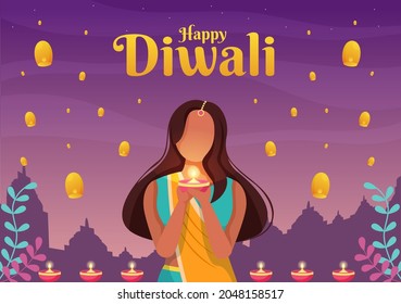 Indian People Celebrating Diwali Day Holding Lanterns, lighting Fireworks and Mandala or Rangoli Art With the Background Festival of Lights 