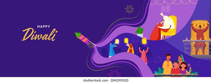 Indian People Celebrating Diwali Festival With Firecrackers On Purple Background.