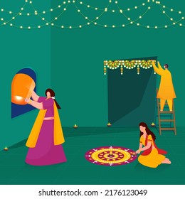 Indian People Celebrating Or Enjoying Festival Of Diwali Against Teal Green Background.