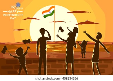 Indian people celebrating Happy Independence Day of India in vector