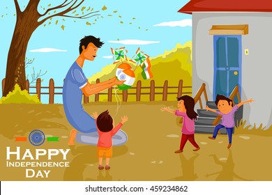 Indian people celebrating Happy Independence Day of India in vector