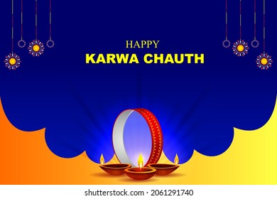 Indian people celebrating Karwa Chauth, ritual and festival of wedding couple of India in vector