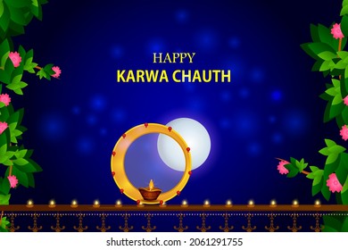 Indian people celebrating Karwa Chauth, ritual and festival of wedding couple of India in vector