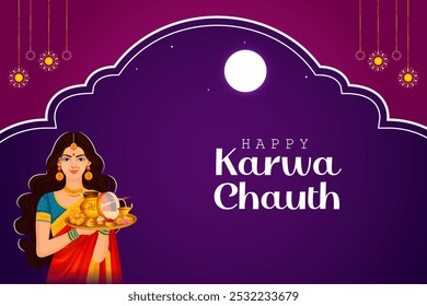 Indian people celebrating Karwa Chauth, ritual and festival of wedding couple of India in vector