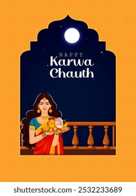 Indian people celebrating Karwa Chauth, ritual and festival of wedding couple of India in vector