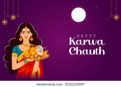 Indianos celebrando Karwa Chauth, ritual e festival de casais do casal da Índia em vetor