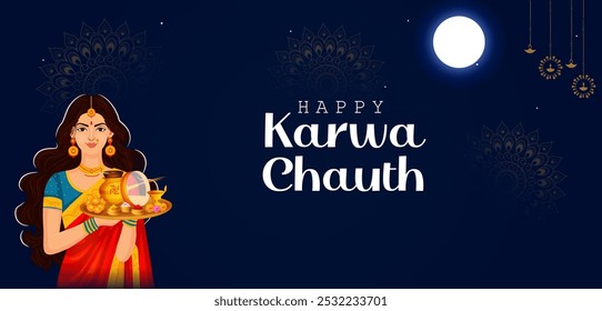 Indianos celebrando Karwa Chauth, ritual e festival de casais do casal da Índia em vetor