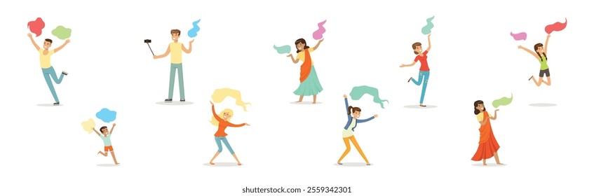 Indian People Characters Celebrating National Holiday of Spring and Colors Vector Set