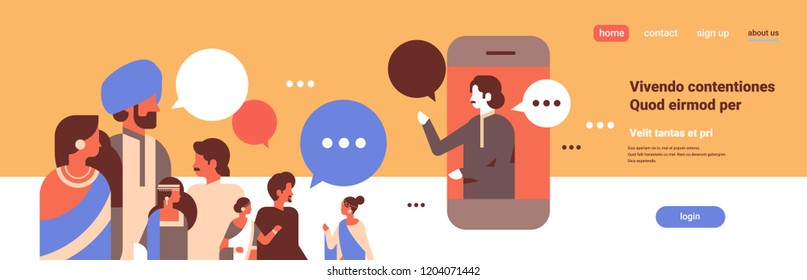 indian people chat bubbles mobile application communication speech dialogue indian man woman cartoon character portrait copy space horizontal flat vector illustration