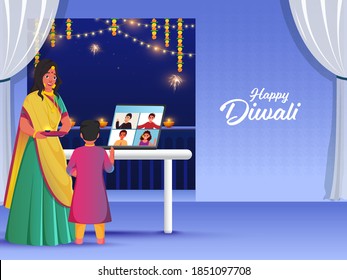 Indian people connecting and wishing on video call on occasion of Diwali. Stay at home concept because of Covid19 pandemic.