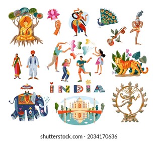 Indian people, culture, art icons set. Elephant, lotus, girl dancing, yoga, Taj Mahal mosque, peacock, Buddha statue, music instrument, tiger vector illustration. Tourism in India symbols.