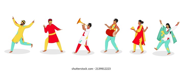 Indian People Enjoying And Celebrating Festival Of Colors On White Background.