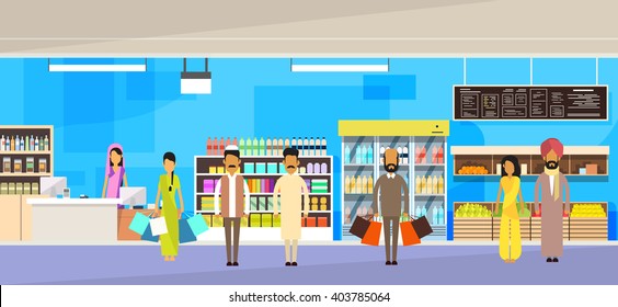 Indian People Group With Bags Big Shop Super Market Shopping Mall Interior India Customers Stand In Line Flat Vector Illustration