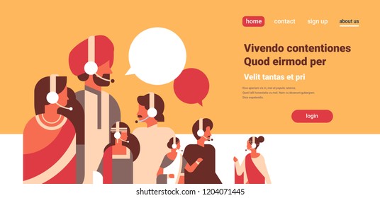 indian people group chat bubbles communication speech dialogue man woman headphones call center operator cartoon character portrait copy space horizontal flat vector illustration