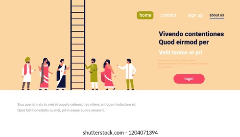 indian people group climbing career ladder new job opportunities successful business strategy concept flat copy space horizontal vector illustration