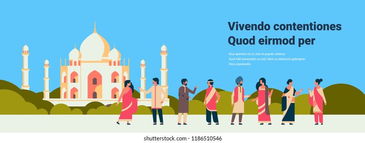 Indian People Group Wearing National Traditional Clothes Hindu Man Woman Communication Muslim Cityscape Mosque Building Horizontal Banner Copy Space Flat Vector Illustration