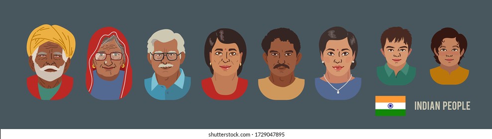 Indian People Head Avatar Set. Different Characters. Man Woman and Children Portrait Cartoon Illustration. Children Adult and Older people. Indian Faces. Vector Illustration.