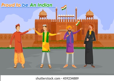 Indian People Hindu, Muslim, Sikh, Christan Celebrating Happy Independence Day Of India In Vector