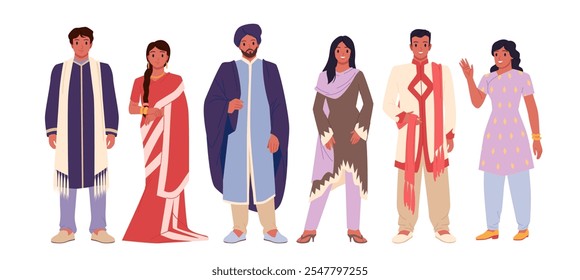 Indian people set. Different young adult male and female characters in traditional clothes standing and waving hand, girls with saree and dress, man with turban and beard cartoon vector illustration