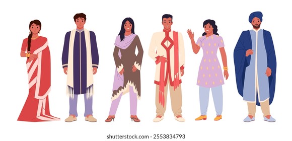 Indian people set. Different young adult male and female characters in traditional clothes standing and waving hand, girls with saree and dress, man with turban and beard