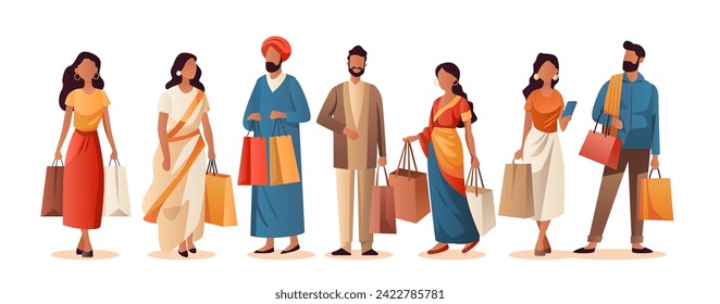 indian people in traditional clothes holding shopping bags season big sale special offer promotion discount horizontal