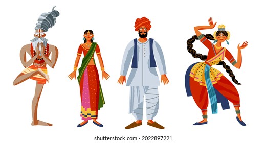 Indian people in traditional clothes set. Old spiritual man meditating, couple standing, girl dancing vector illustration. Tourism in India, people isolated on white background.