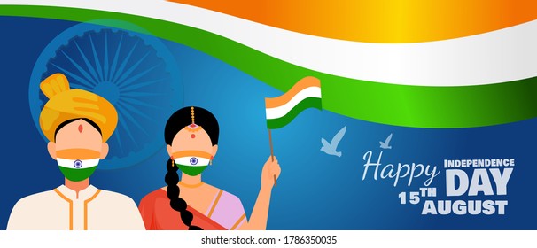 Indios con traje tradicional con máscara y bandera nacional. Celebración el 15 de agosto, día de la independencia, en el concepto de India. Ilustración vectorial plana.