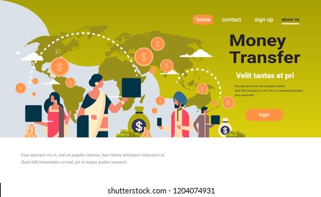 indian people using global payment application money transaction concept world map background flat copy space horizontal vector illustration