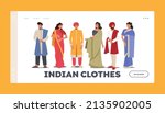 Indian People Wear Traditional Clothes Landing Page Template. Young Smiling Male and Female Characters Wear Sari or Kurt Stand Full Height, Tradition of India. Cartoon Vector Illustration