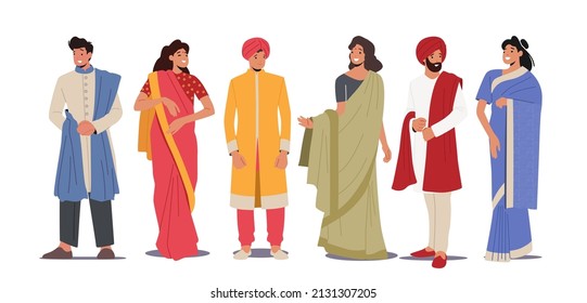 Indian People Wear Traditional Clothes Isolated on White Background. Young Smiling Male and Female Characters Wear Sari or Kurt Stand Full Height, Tradition of India. Cartoon Vector Illustration