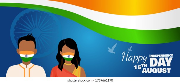 Indian People Wearing Face Mask. National Flag Waving With Ashoka Wheel. Celebration On Independence Day 15th August In India Concept. Flat Vector Illustration.