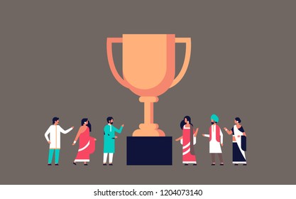 indian people winner cup golden trophy first place concept successful teamwork strategy championship victory flat horizontal vector illustration