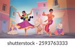 Indian performance. Action movement dancing characters male and female exact vector indian traditional show