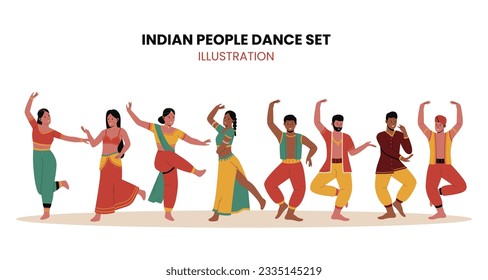 Indian performing traditional dance illustration set. Traditional costumes. Group indian male and female cartoon characters. Flat vector illustration isolated on white background