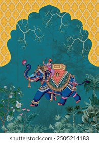 Indian Pichwai , Indian Art Pichhwai Cow Print With Lotus, Ethnic Art,indian Home Decor, Indian Lotus Poster,desi Print,indian Print, Mughal arch with Tropical tree.