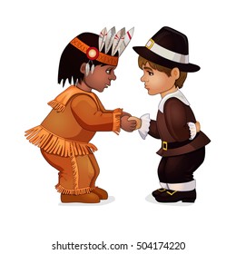 Indian and pilgrim shake hands. Friendship. Characters for Thanksgiving