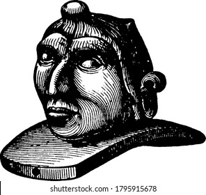 An Indian pipe shaped as human head which is used for smoking of cigarette (tobacco). A hole made on the top of the human head which holds the cigarettes, vintage line drawing or engraving. 