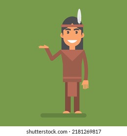 Los indios apuntan con la mano y sonriendo. Gente plana. Ilustración vectorial